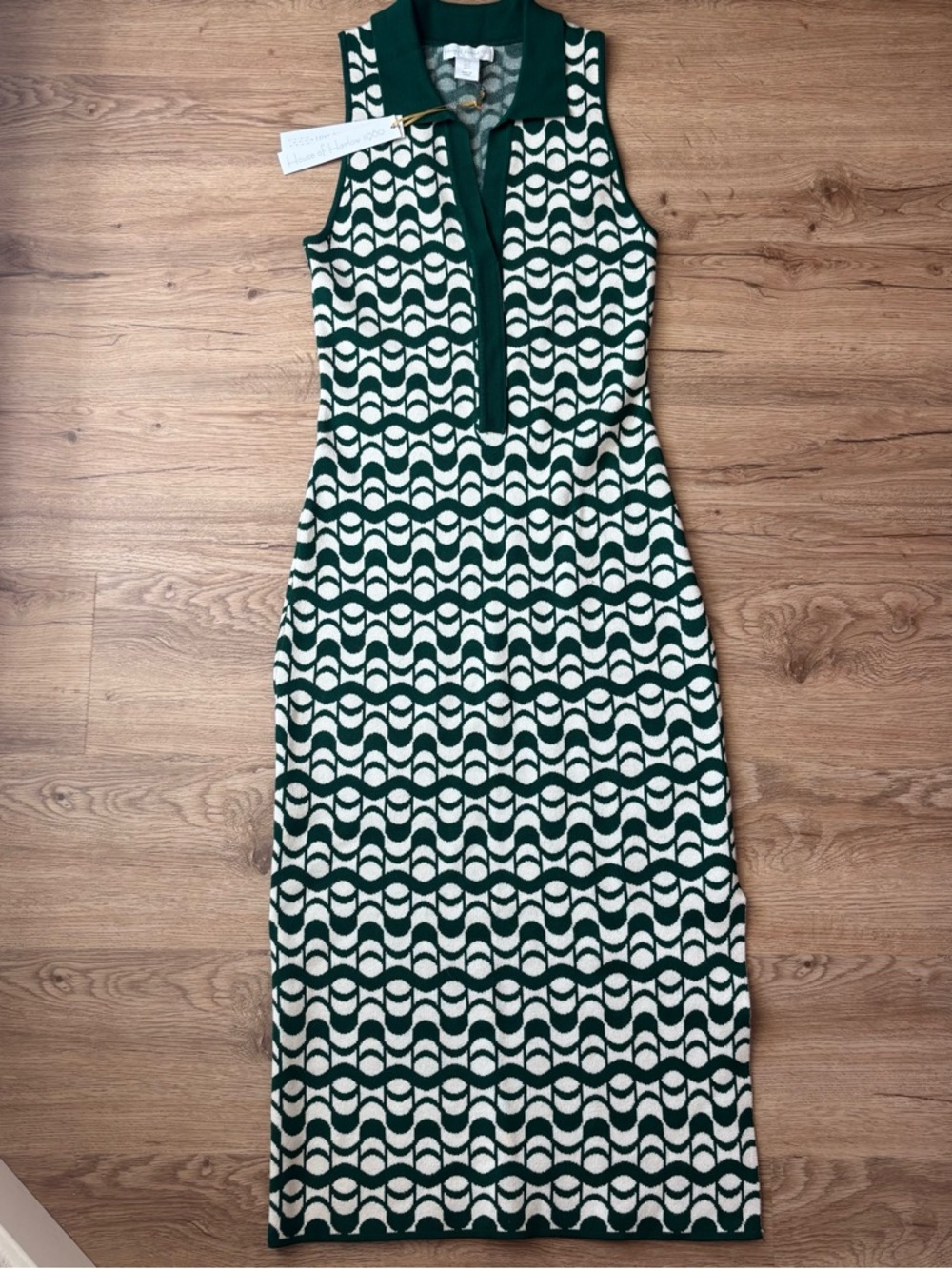 New House of Harlow Sleeveless Green White Patterned Midi Dress collared small